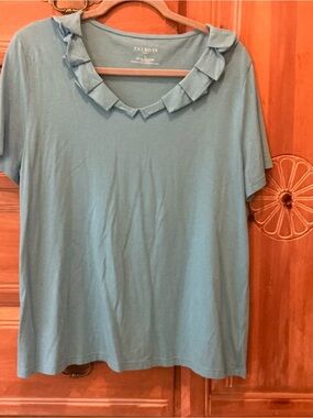Talbots Women's Teal Short-Sleeve Scoop Neck Top with Ruffle Trim